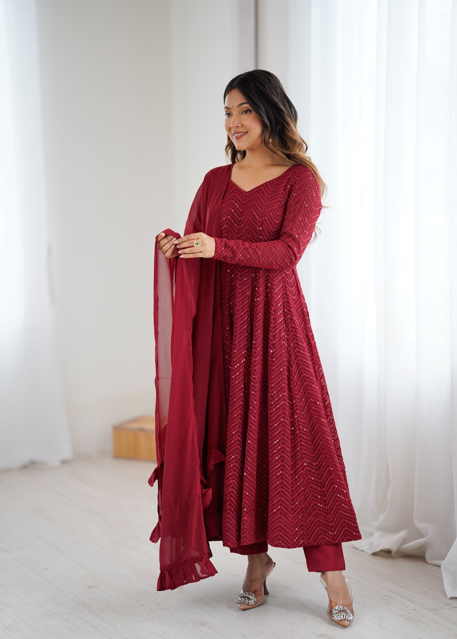 Lorenvalley Fashion Maroon Faux Georgette Lukhnowi Sequence Work Anarkali Kurta Pant With Dupatta Set | Grocsy