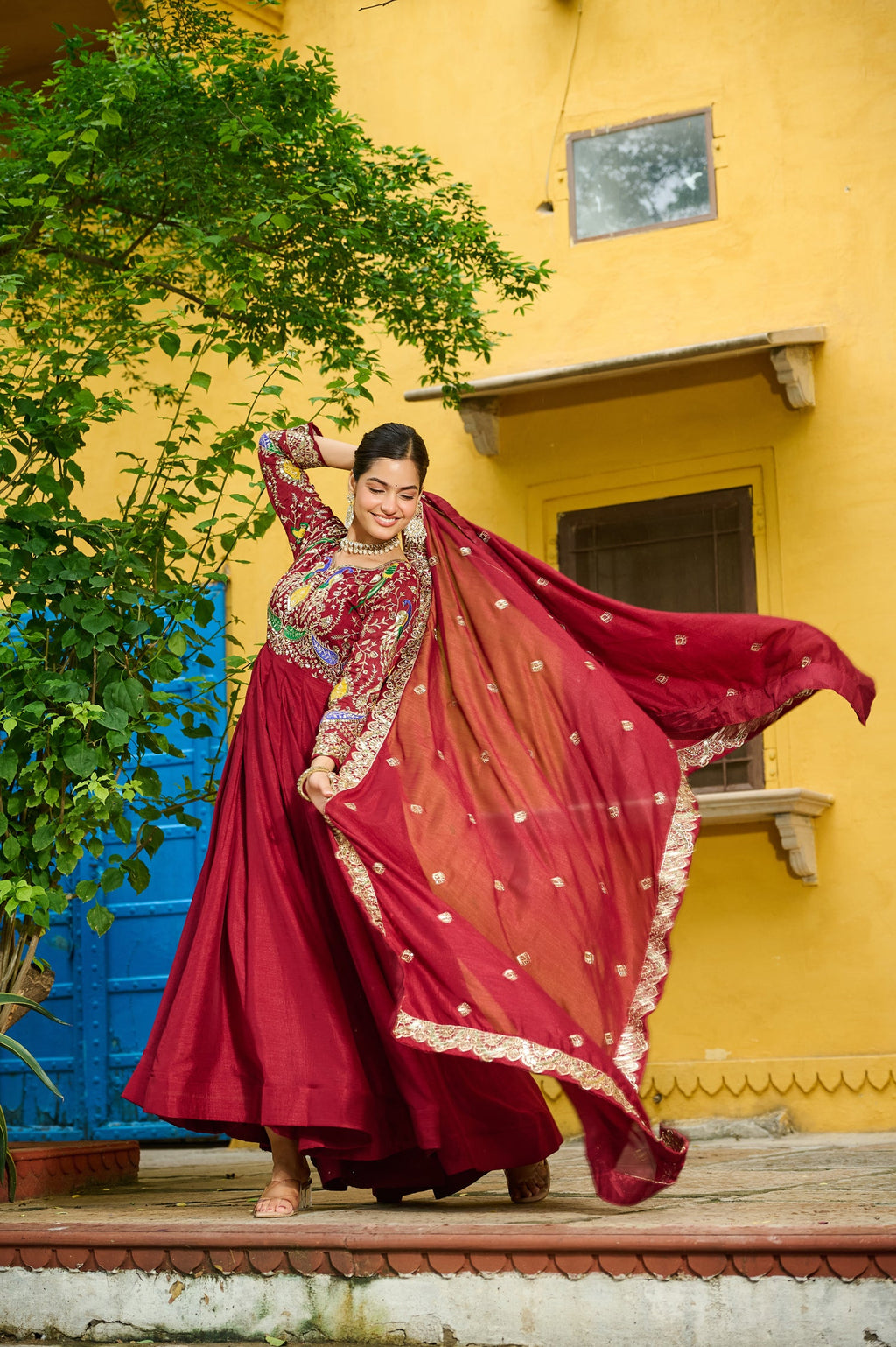 Lorenvalley Fashion Maroon Vichitra Silk with Multi Thread & Embroidered work Anarkali Gown with Dupatta | Grocsy