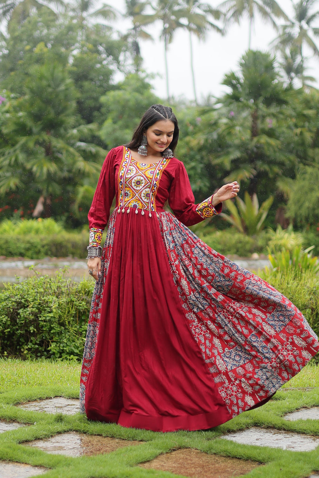 Lorenvalley Maroon Rayon Contrast of Printed with Kutchi Gamthi work Gown | Grocsy