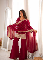 Lorenvalley Fashion Maroon Crunchy Silk with Embroidery Sequence, Dori and Zari Work Kurta Bell Bottom Pants with Dupatta | Grocsy