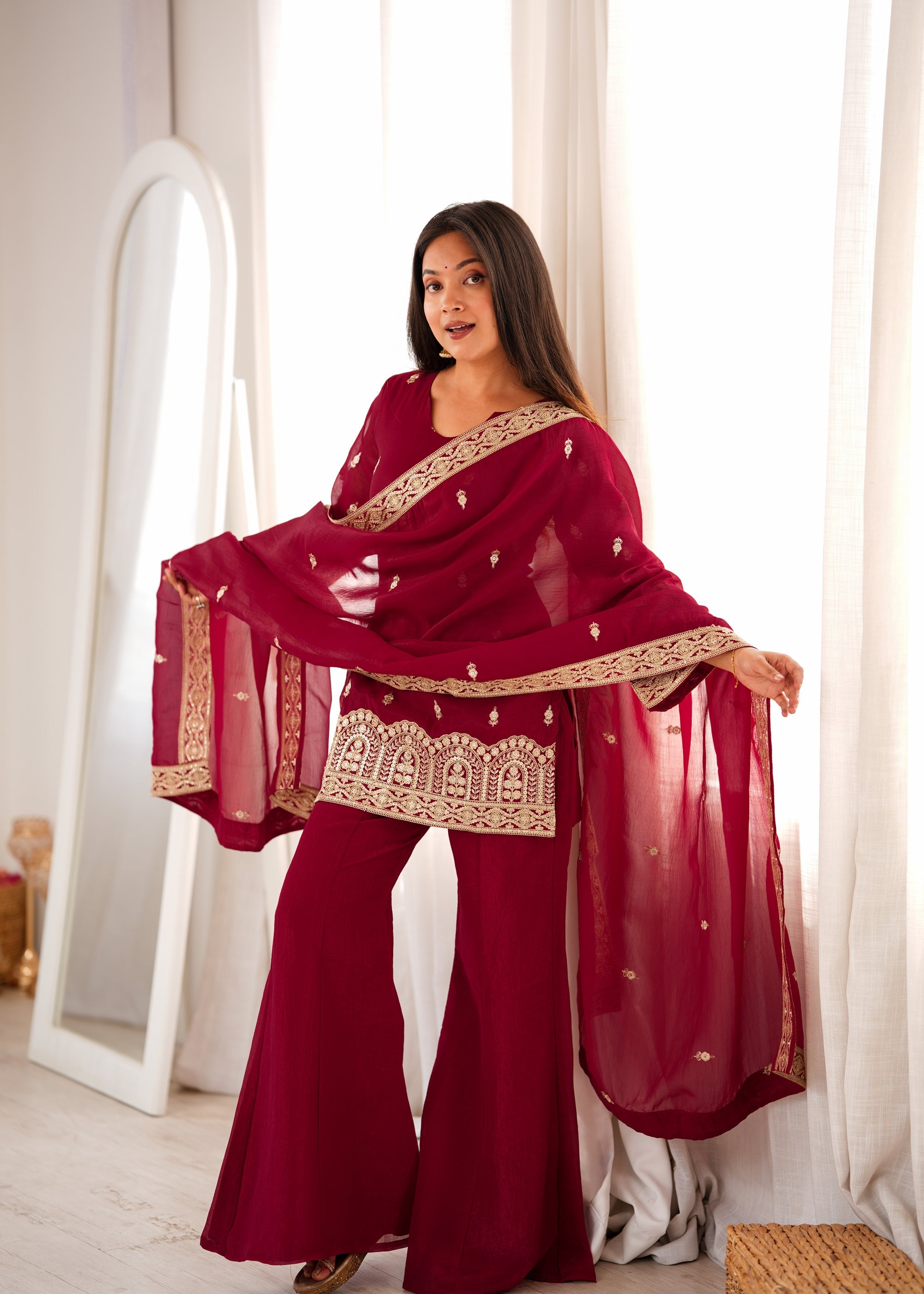 Lorenvalley Fashion Maroon Crunchy Silk with Embroidery Sequence, Dori and Zari Work Kurta Bell Bottom Pants with Dupatta | Grocsy