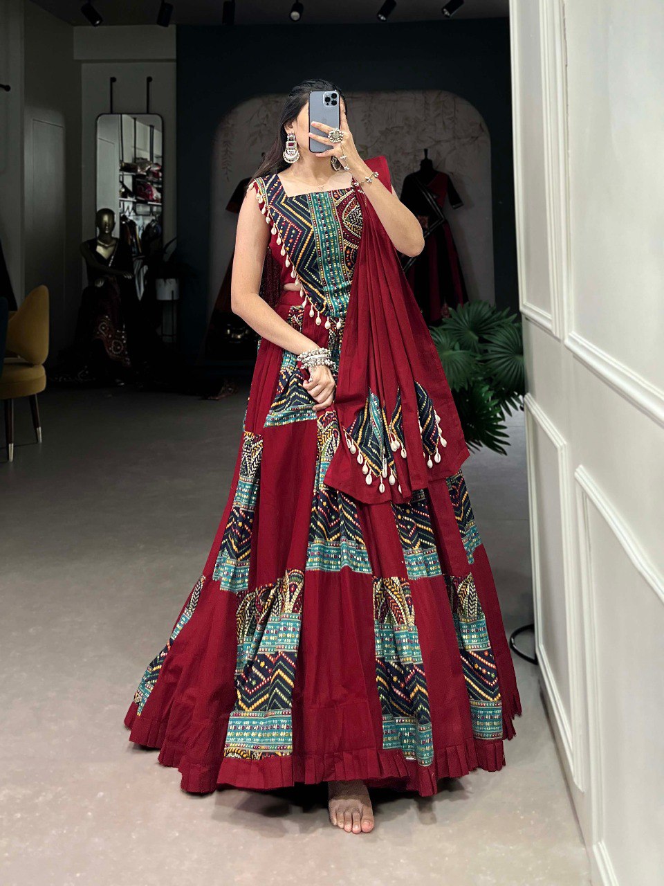 Lorenvalley Maroon Pure Cotton Plain And Printed With Foil Work Lehenga Choli with Dupatta | Grocsy