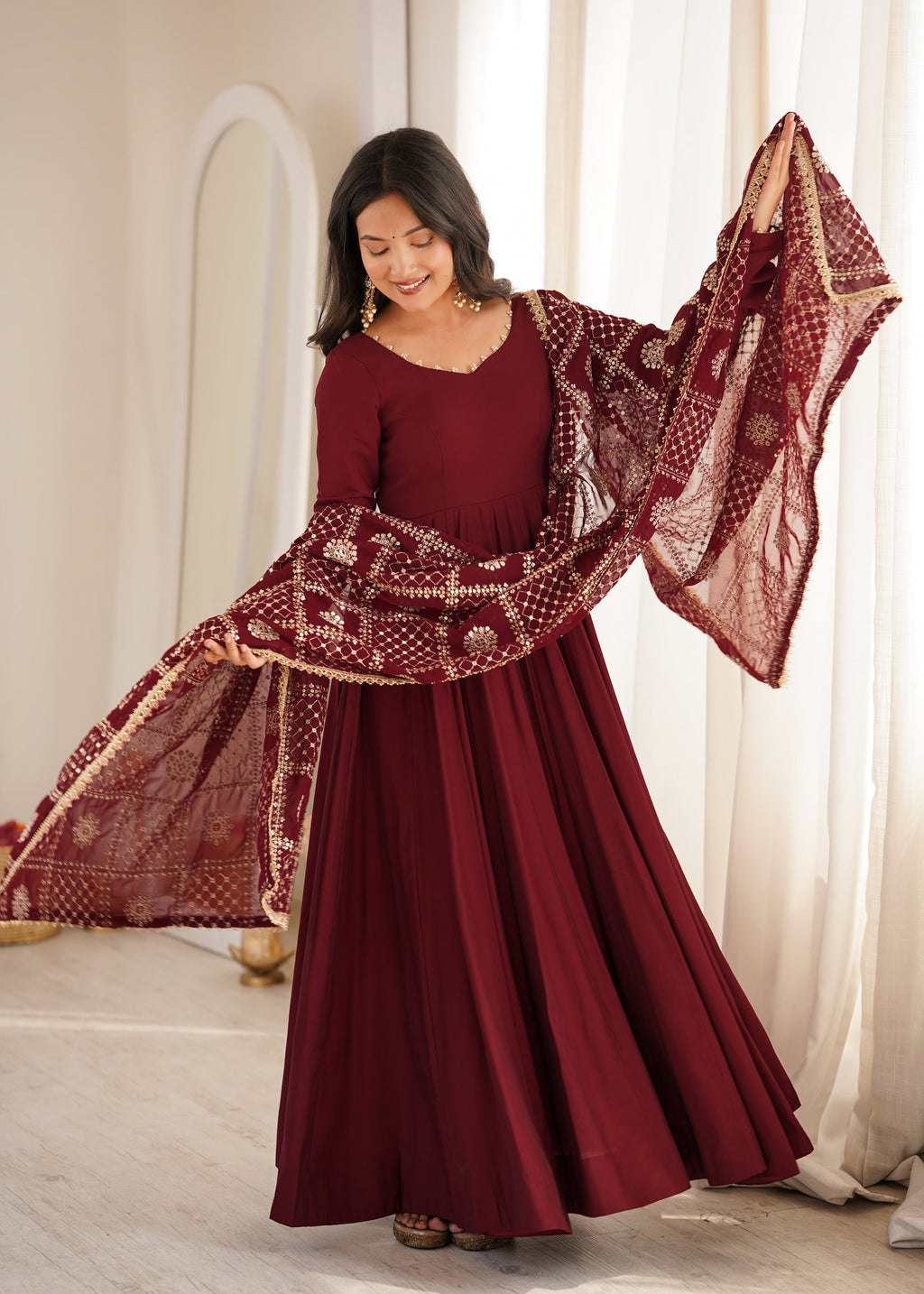 Lorenvalley Fashion Maroon Roman Chanderi Silk 16 Kali Anarkali Gown Pants with Dupatta | Grocsy