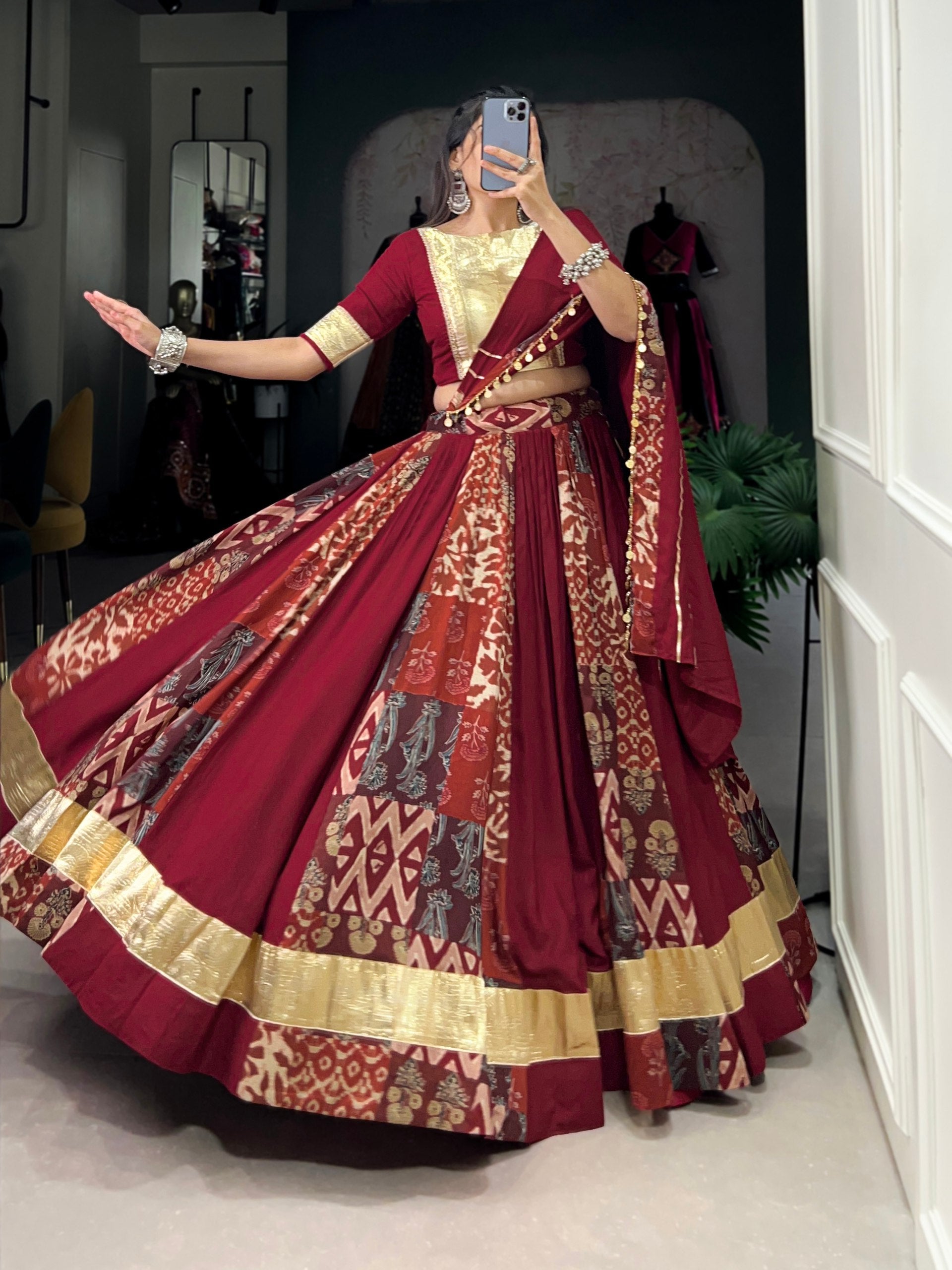 Lorenvalley Rayon and Tussar Silk Maroon Plain And Printed With Embossed Design Gota Lace Lehenga Choli with Dupatta | Grocsy