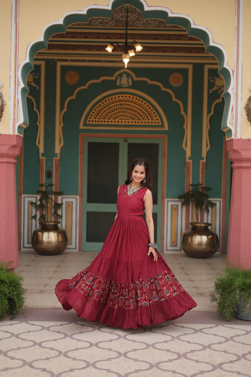 Lorenvalley Maroon Rayon Fabric with Printed Attached In Frill And Neck Gown | Grocsy