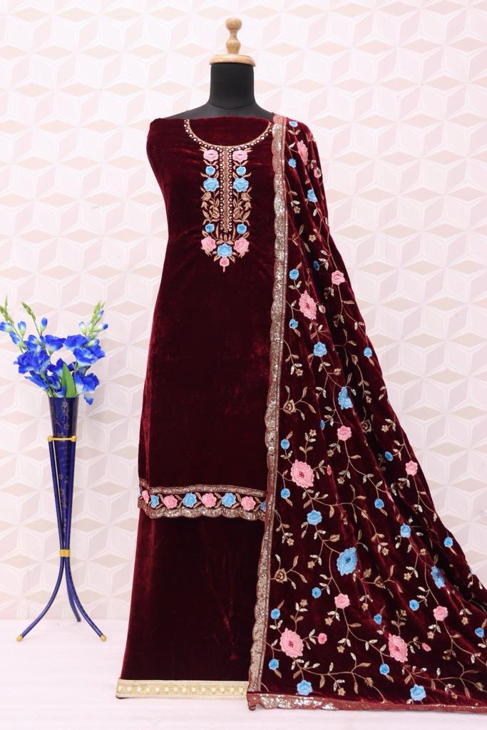 Lorenvalley Fashion Women Maroon Velvet Embroidered Salwar Suit Material | Grocsy