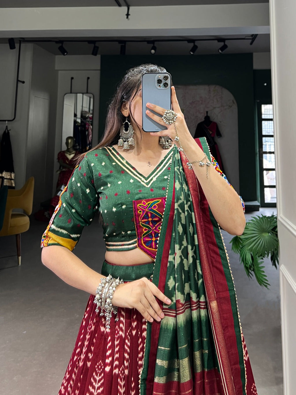 Lorenvalley Maroon Dola Silk with Printed With Foil Work And Original Mirror Gamthi Lace Touch Up Lehenga Choli | Grocsy