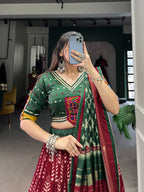 Lorenvalley Maroon Dola Silk with Printed With Foil Work And Original Mirror Gamthi Lace Touch Up Lehenga Choli | Grocsy