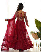 Lorenvalley Fashion Maroon Faux Georgette Embroidery 9 Needle Thread Work Anarkali Pant with Dupatta | Grocsy