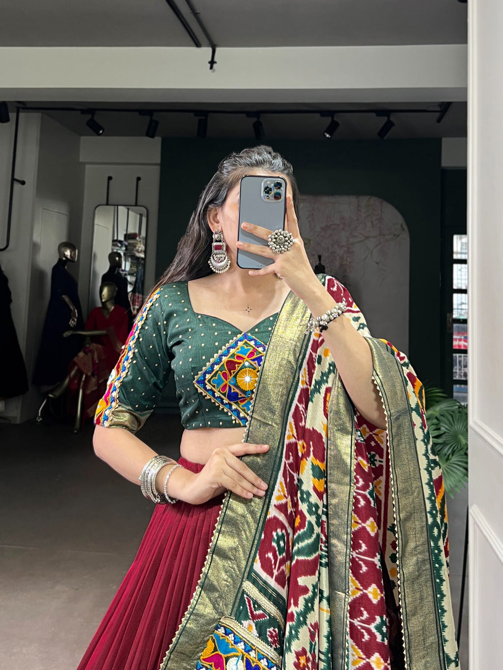 Lorenvalley Fashion Maroon Tasar Silk Print with Foil Work and Real Mirror Gamthi Work with Lace Touch Up Lehenga Choli with Dupatta | Grocsy