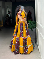 Lorenvalley Yellow and Wine Rayon with Printed Silk Original Mirror Gamthi Work and Embossed Design Gota Lehenga Choli with Dupatta | Grocsy