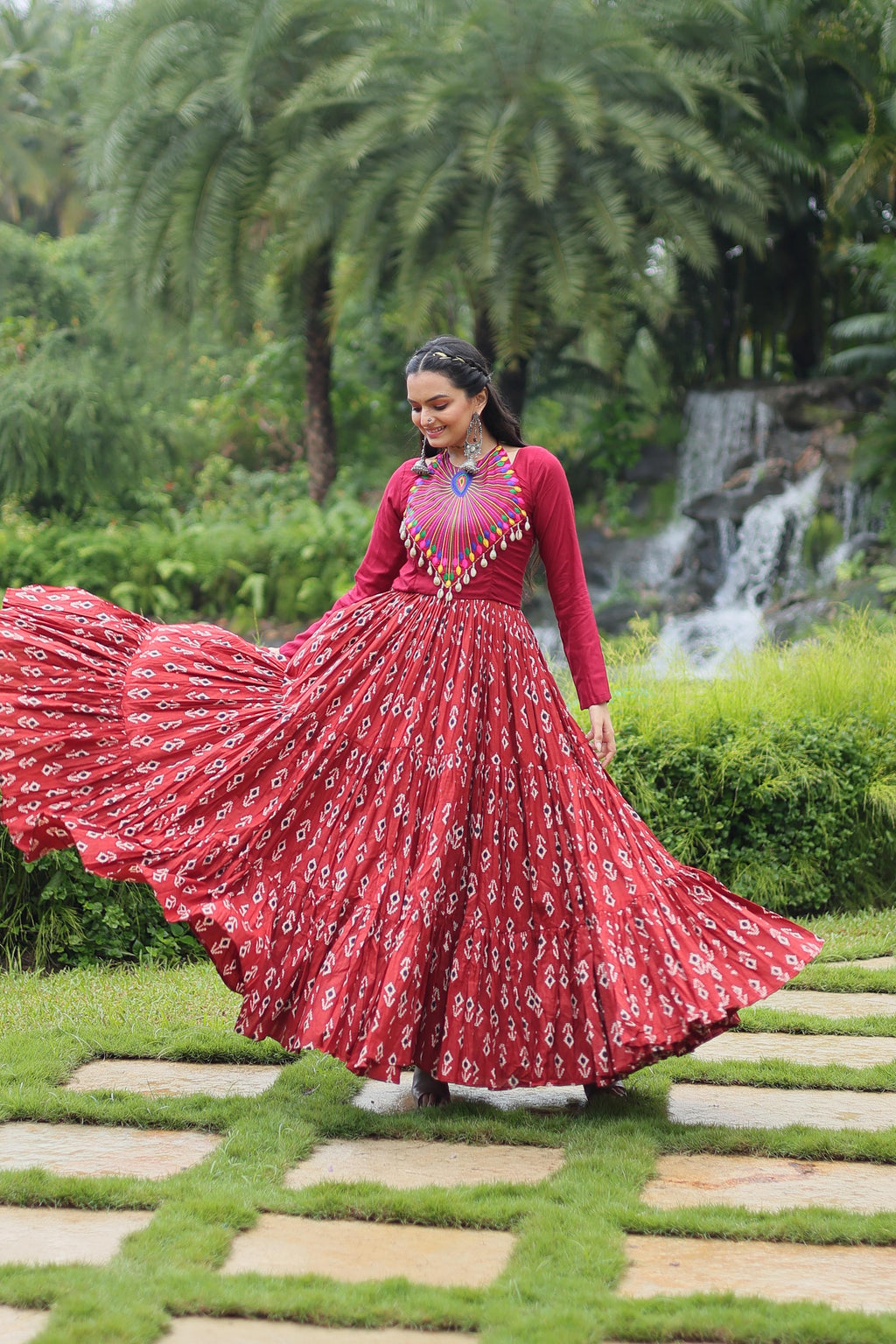 Lorenvalley Maroon Cotton Printed With Kutchi Gamthi Work and Kodi Lace Gown | Grocsy