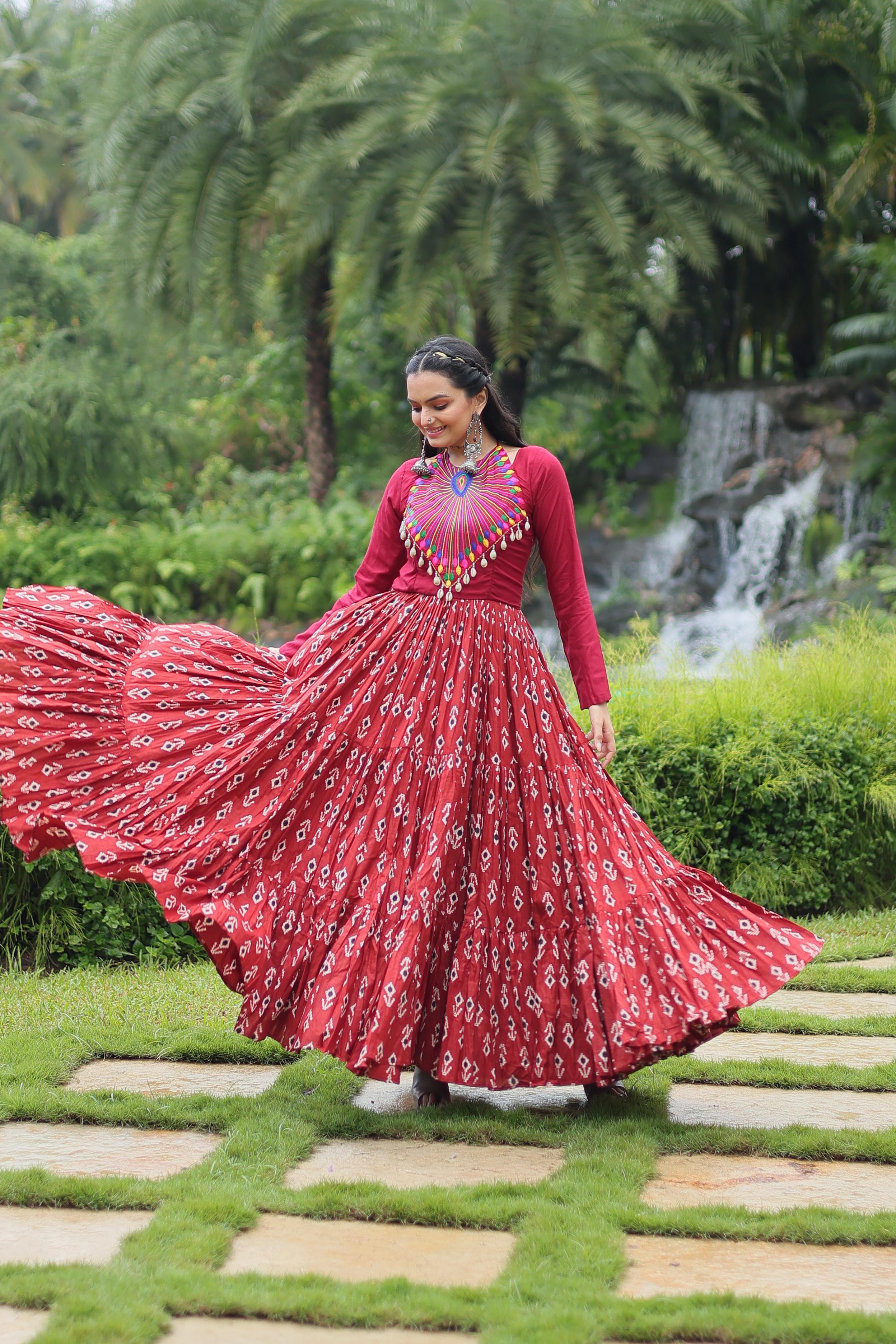 Lorenvalley Maroon Cotton Printed With Kutchi Gamthi Work and Kodi Lace Gown | Grocsy