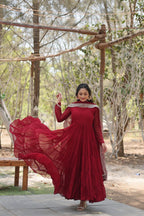 Evanik Maroon Faux Blooming Gown With Dupatta With Rich Sequins Embroidered work | Grocsy