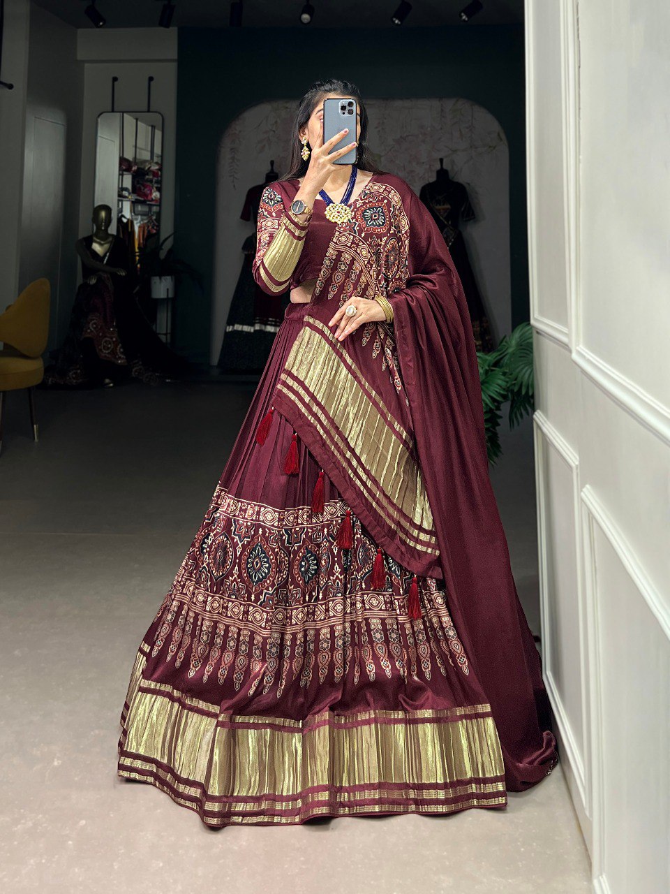 Lorenvalley Maroon Gaji Silk Digital Print With Lagadi Patta Lehenga Choli with Dupatta | Grocsy
