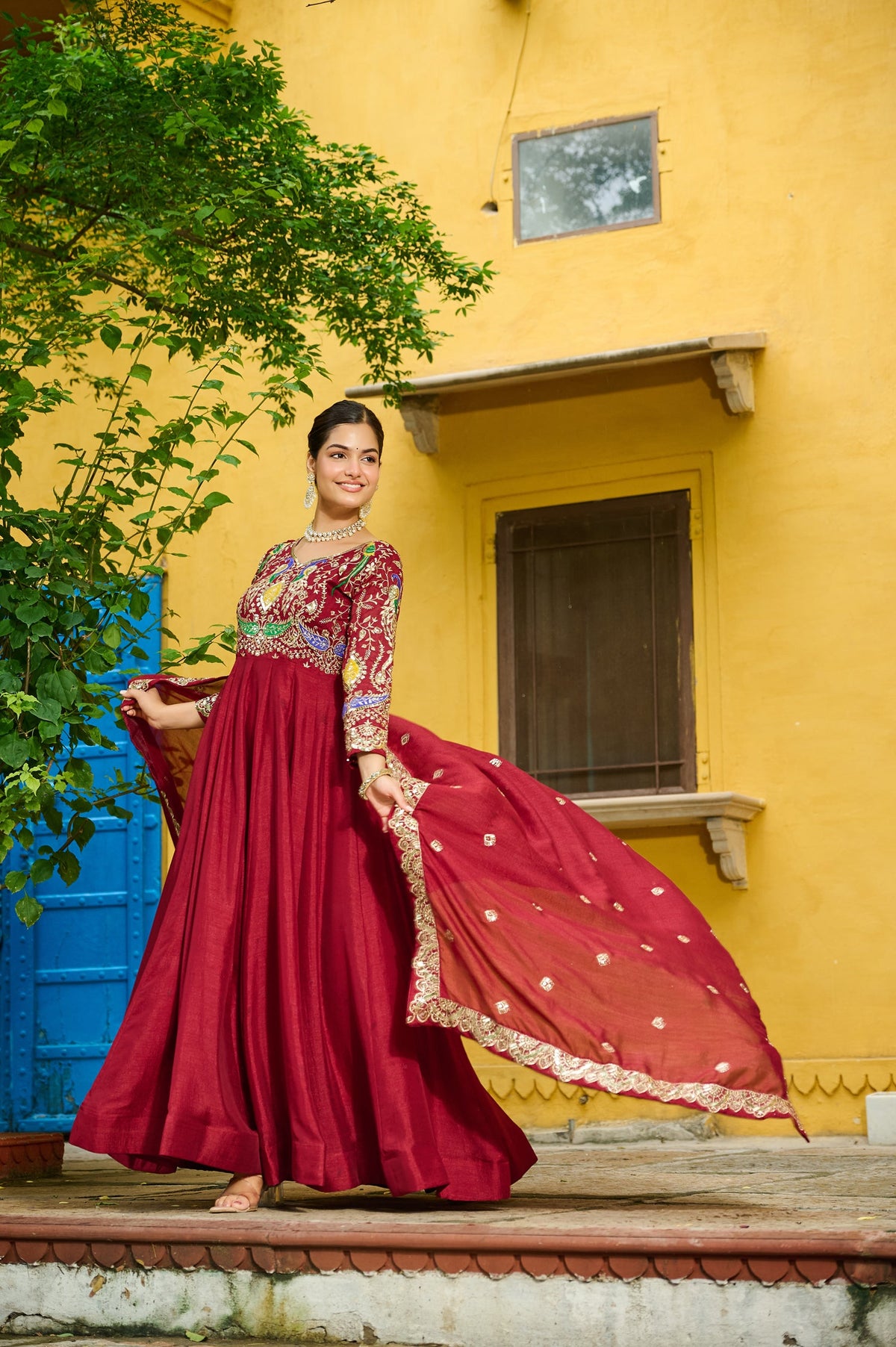 Lorenvalley Fashion Maroon Vichitra Silk with Multi Thread & Embroidered work Anarkali Gown with Dupatta | Grocsy