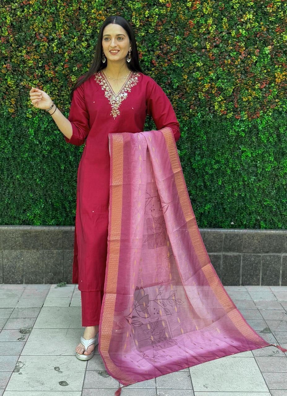 Lorenvalley Fashion Maroon Roman Silk Hand Work Kurta Pant with Dupatta | Grocsy