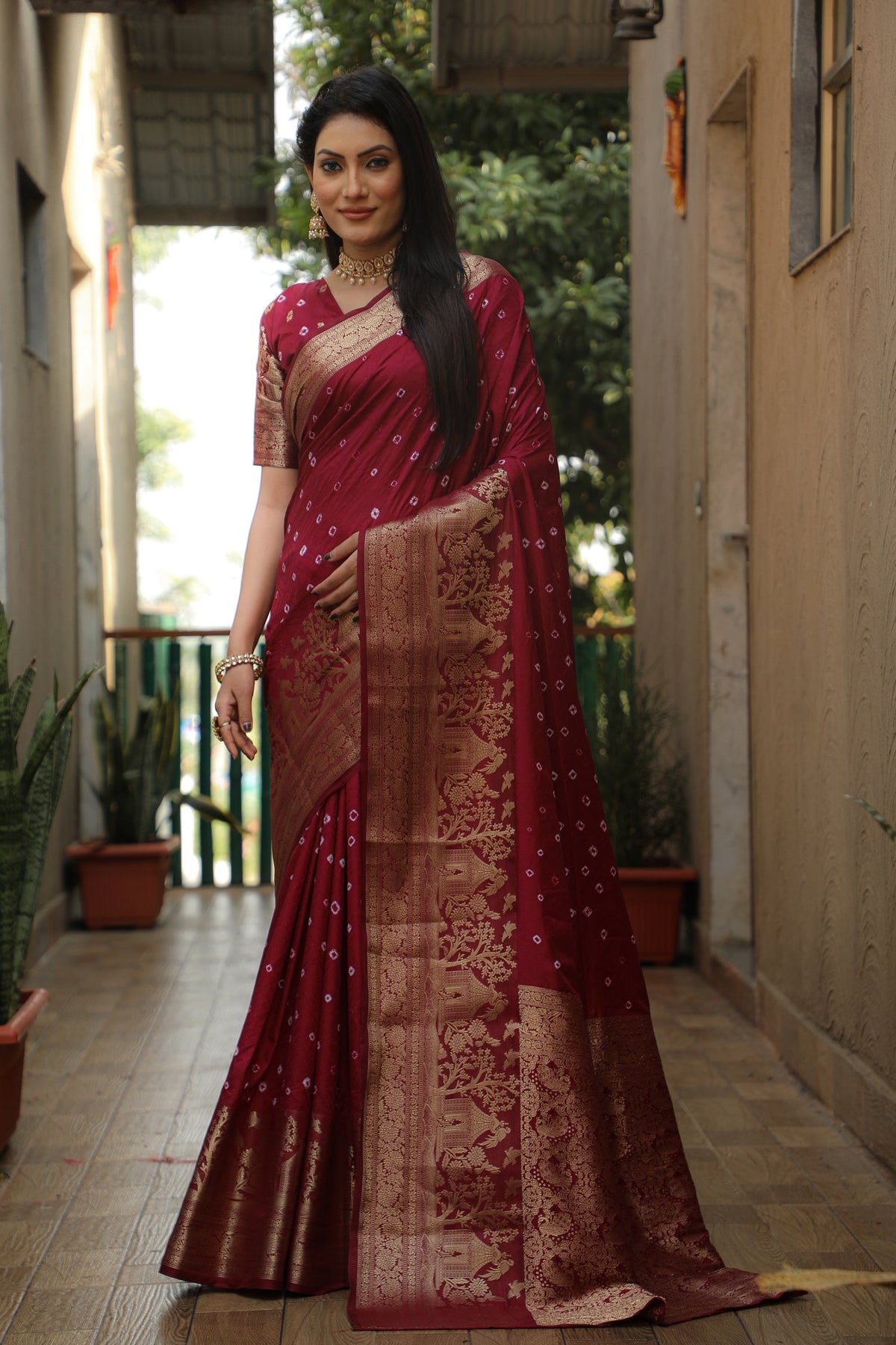 Lorenvalley Premium Pure Handmade Bandhej Kanjivaram silk saree with Zari Weaving Rich Pallu saree - Maroon | Grocsy