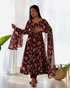 Lorenvalley Pure Faux Georgette Multi Floral Print Fully Flared Anarkali Pant With Dupatta Set - Maroon | Grocsy