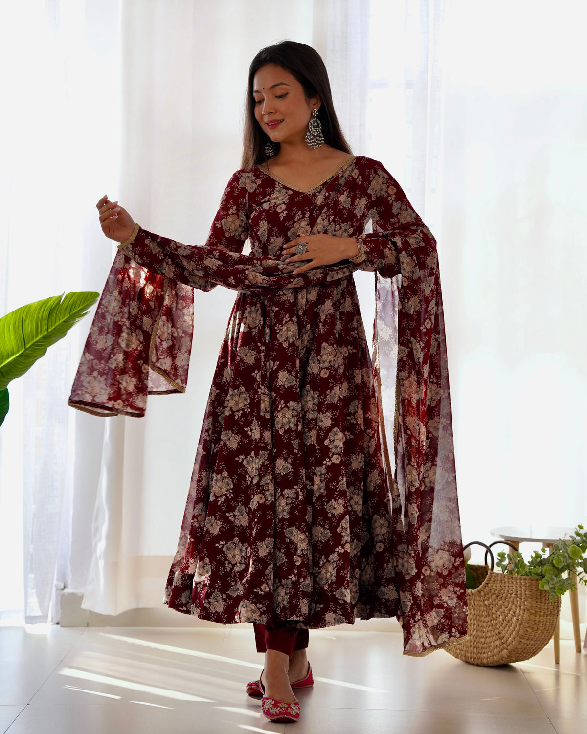 Lorenvalley Pure Faux Georgette Multi Floral Print Fully Flared Anarkali Pant With Dupatta Set - Maroon | Grocsy