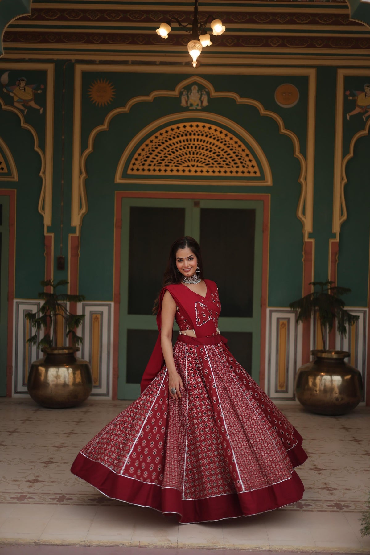 Lorenvalley Maroon Rayon Gota Patti Lace Printed Kali Pattern Lehenga Choli with Dupatta | Grocsy