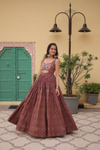 Lorenvalley Maroon Printed Cotton With Kutchi Gamthi Work and Kodi Lace Gown | Grocsy