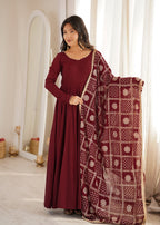 Lorenvalley Fashion Maroon Roman Chanderi Silk 16 Kali Anarkali Gown Pants with Dupatta | Grocsy