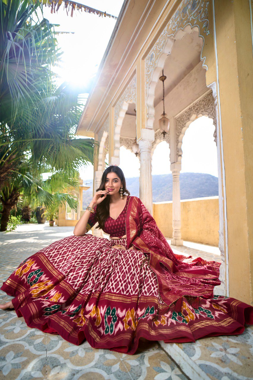 Lorenvalley Maroon Tussar Silk Ikkat Print With Foil Work Lehenga Choli with Dupatta | Grocsy