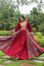Lorenvalley Maroon Rayon Contrast of Printed with Kutchi Gamthi work Gown | Grocsy
