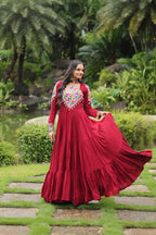 Lorenvalley Maroon Rayon Fabric with Kutchi Gamthi work Gown | Grocsy