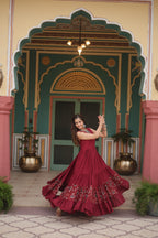 Lorenvalley Maroon Rayon Fabric with Printed Attached In Frill And Neck Gown | Grocsy