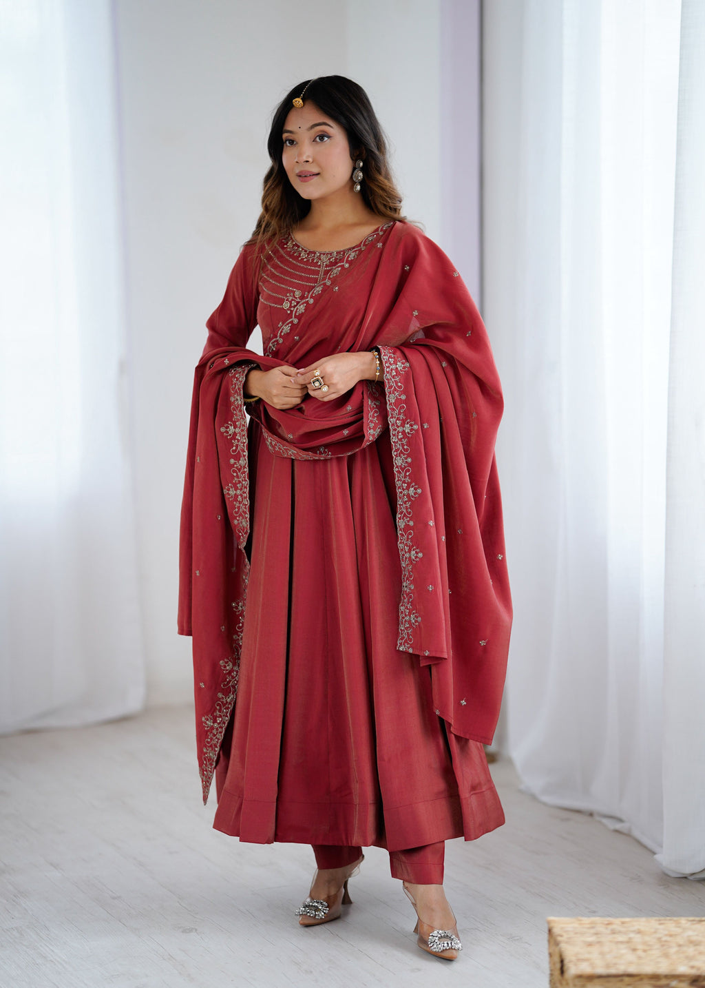 Lorenvalley Fashion Maroon Roman Shimmer Chanderi Silk Yoke Fancy Handwork Beads Work Anarkali Kurta Pant With Dupatta Set | Grocsy