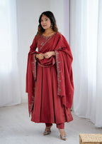 Lorenvalley Fashion Maroon Roman Shimmer Chanderi Silk Yoke Fancy Handwork Beads Work Anarkali Kurta Pant With Dupatta Set | Grocsy