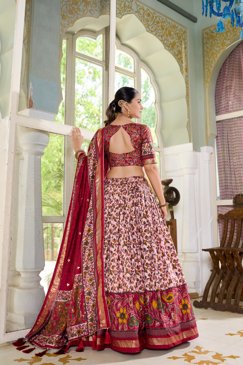 Lorenvalley Maroon Tussar Silk Floral Print with Foil Print Lehenga Choli with Dupatta | Grocsy