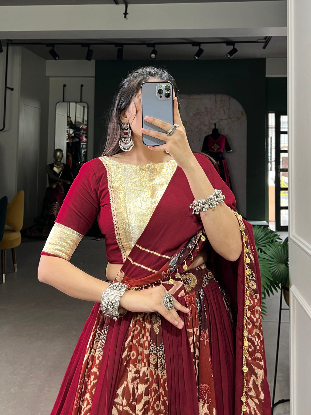 Lorenvalley Maroon Rayon and Tussar Silk Plain And Printed With Embossed Design Gota Lace Lehenga Choli with Dupatta | Grocsy