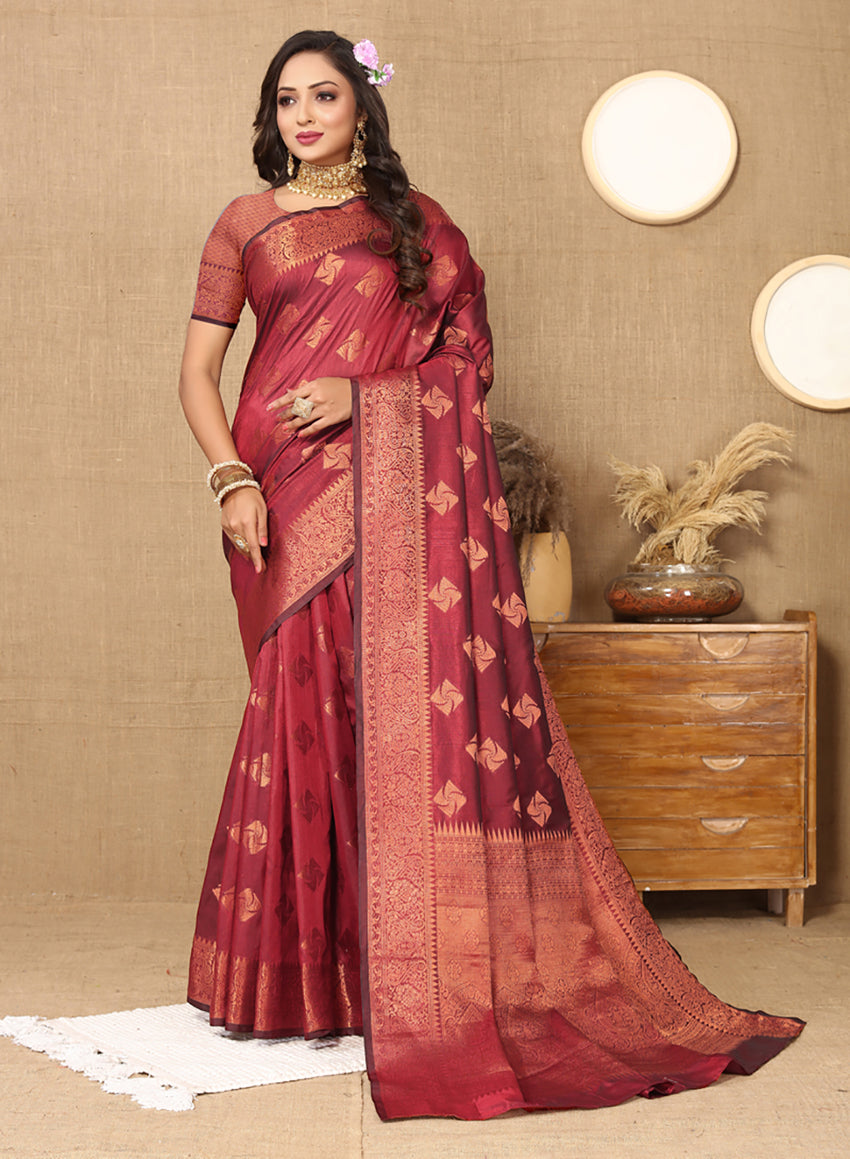 Lorenvalley Fashion Maroon Soft Katan Silk Woven Design Copper Zari Weaving Saree | Grocsy