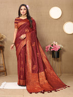 Lorenvalley Fashion Maroon Soft Silk Copper Zari weaving Design Saree | Grocsy