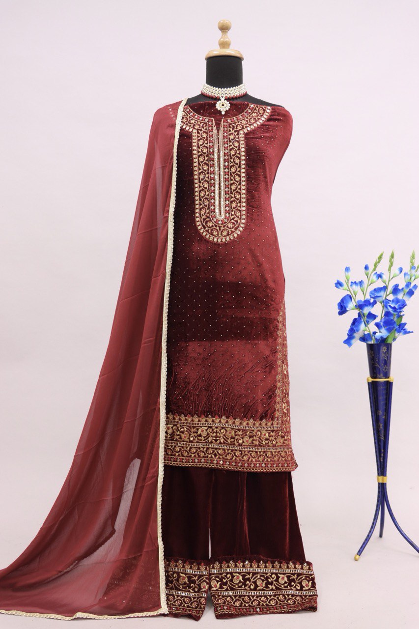 Lorenvalley Fashion Women Maroon Velvet Embroidered Salwar Suit Material | Grocsy