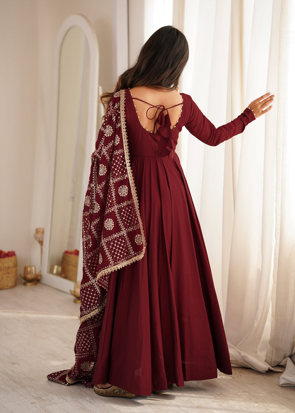 Lorenvalley Fashion Maroon Roman Chanderi Silk 16 Kali Anarkali Gown Pants with Dupatta | Grocsy