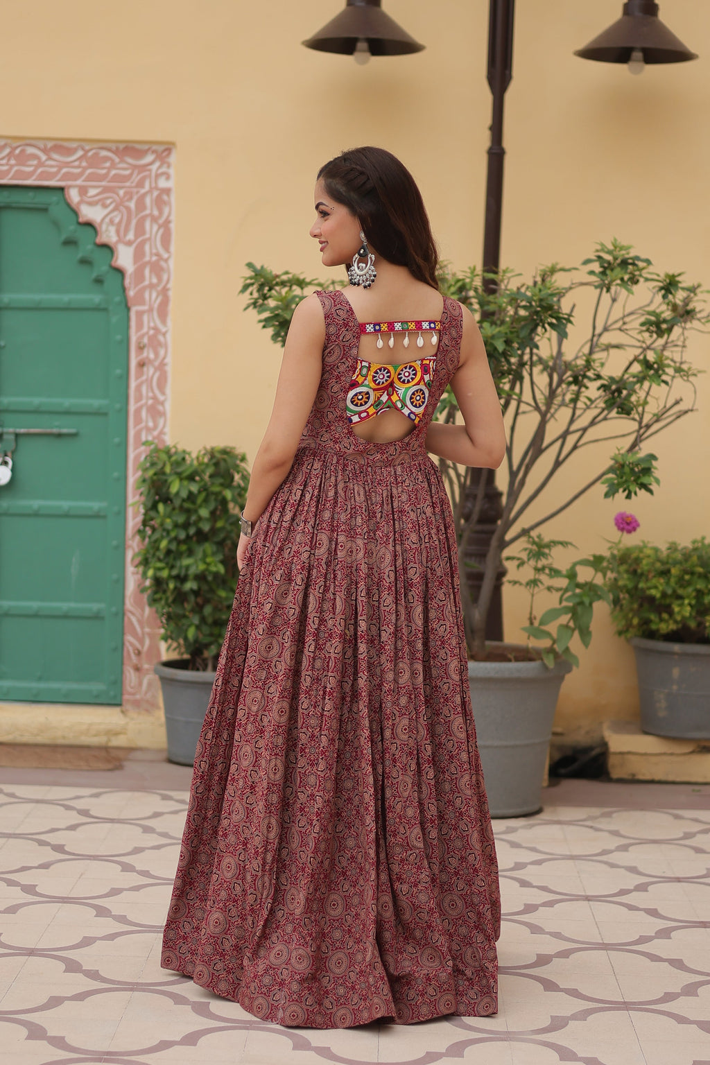 Lorenvalley Maroon Printed Cotton With Kutchi Gamthi Work and Kodi Lace Gown | Grocsy