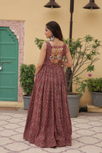 Lorenvalley Maroon Printed Cotton With Kutchi Gamthi Work and Kodi Lace Gown | Grocsy