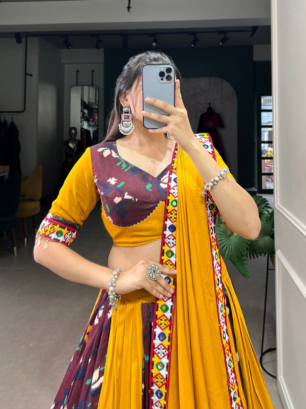 Lorenvalley Yellow and Wine Rayon with Printed Silk Original Mirror Gamthi Work and Embossed Design Gota Lehenga Choli with Dupatta | Grocsy