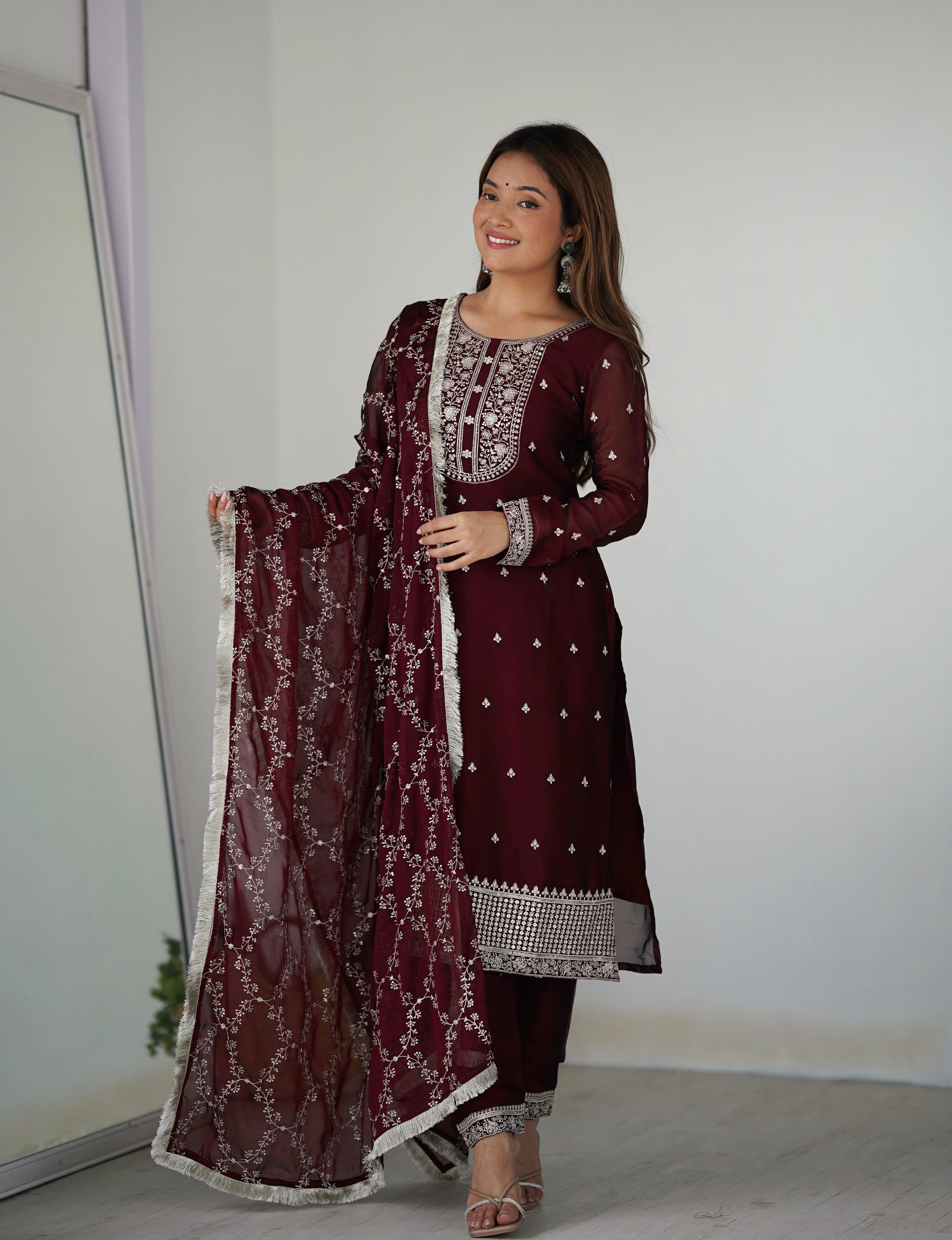 Lorenvalley Maroon Rangoli Silk Embroidery Sequence And Thread Work Kurta Trousers with Dupatta Set | Grocsy