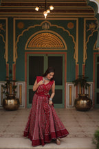 Lorenvalley Maroon Rayon Gota Patti Lace Printed Kali Pattern Lehenga Choli with Dupatta | Grocsy