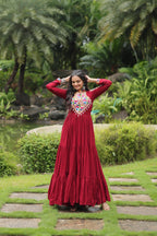 Lorenvalley Maroon Rayon Fabric with Kutchi Gamthi work Gown | Grocsy