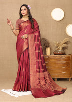 Lorenvalley Fashion Maroon Soft Katan Silk Woven Design Copper Zari Weaving Saree | Grocsy
