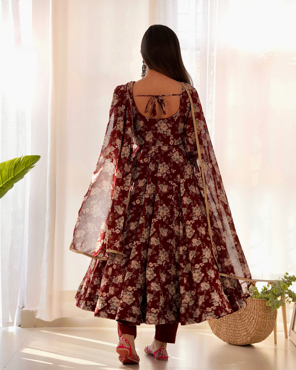 Lorenvalley Pure Faux Georgette Multi Floral Print Fully Flared Anarkali Pant With Dupatta Set - Maroon | Grocsy