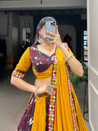 Lorenvalley Rayon with Yellow and Wine Printed Silk Original Mirror Gamthi Work and Embossed Design Gota Lehenga Choli with Dupatta | Grocsy