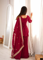 Lorenvalley Fashion Maroon Crunchy Silk with Embroidery Sequence, Dori and Zari Work Kurta Bell Bottom Pants with Dupatta | Grocsy