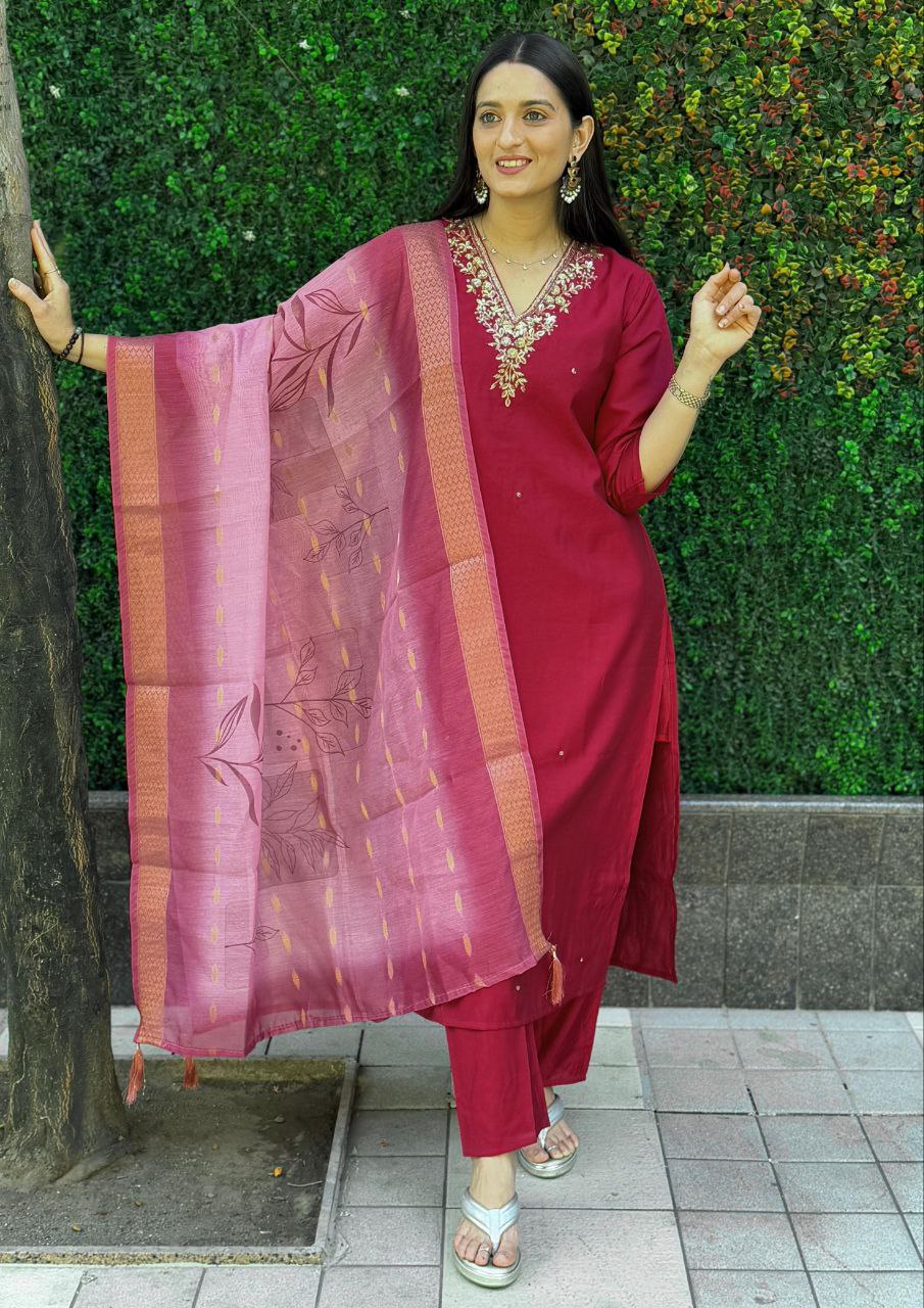 Lorenvalley Fashion Maroon Roman Silk Hand Work Kurta Pant with Dupatta | Grocsy